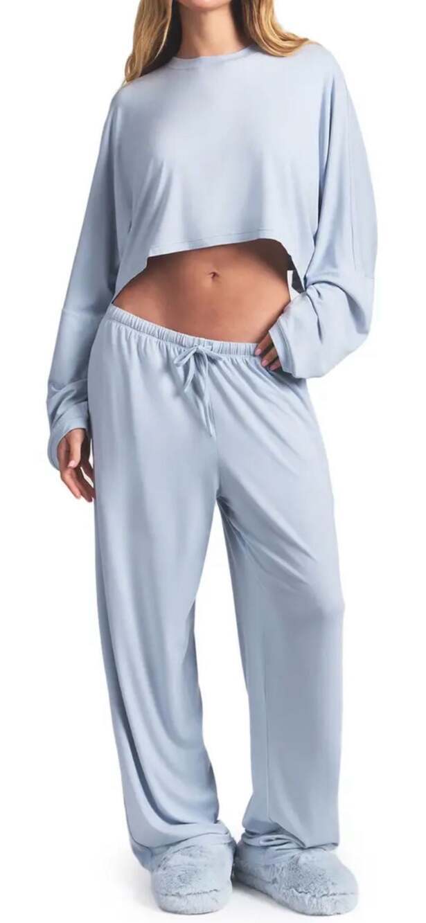 SKIMS Soft Lounge Long Sleeve Cropped T-Shirt Zen Blue Large - Picture 2 of 11